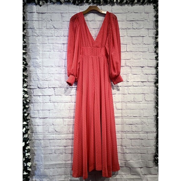 Kimberly Goldson Size XS Lesli Jacquard Long Sleeve Maxi Dress Coral Gold V Neck - Picture 4 of 16